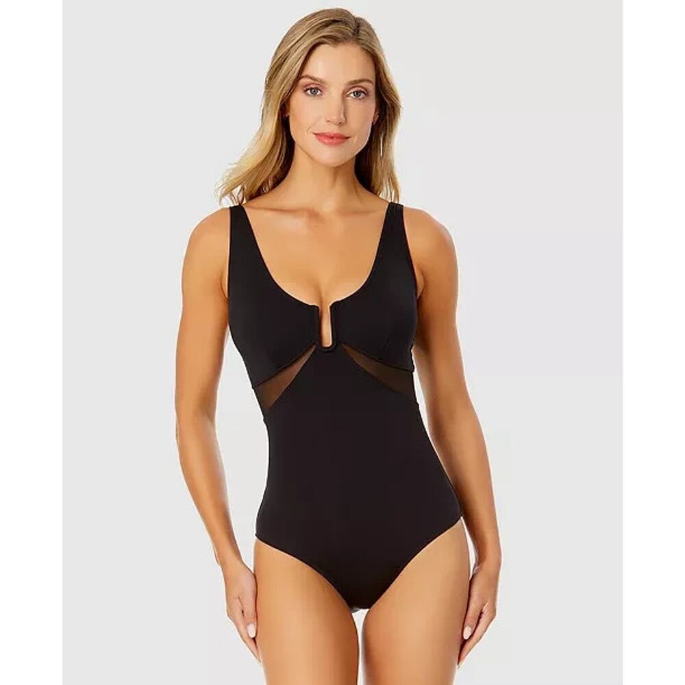 Anne Cole Women's U-Ring Mesh-Inset One-Piece Swimsuit, Black Size 8 0130